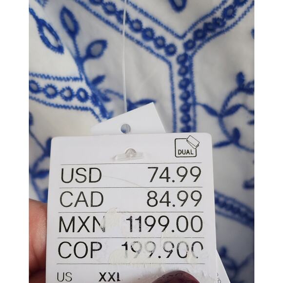 NWT H&M Blue White Embroidered Floral Eyelet Black RicRac Cutout Waist Dress XXL - Picture 7 of 8